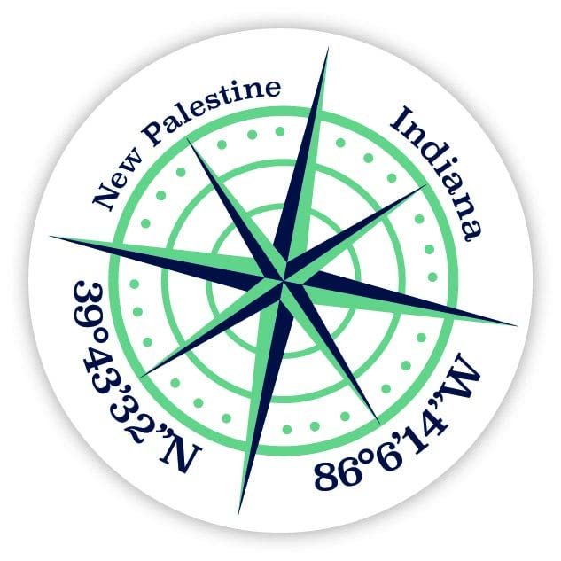 New Palestine Indiana 2-Inch Vinyl Decal Sticker Latitude Longitude Compass Design