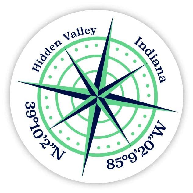 Hidden Valley Indiana 2-Inch Vinyl Decal Sticker Latitude Longitude Compass Design