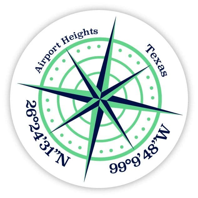 Airport Heights Texas 2-Inch Vinyl Decal Sticker Latitude Longitude Compass Design