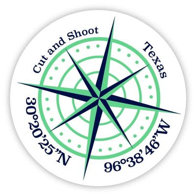 Cut and Shoot Texas 2-Inch Vinyl Decal Sticker Latitude Longitude Compass Design