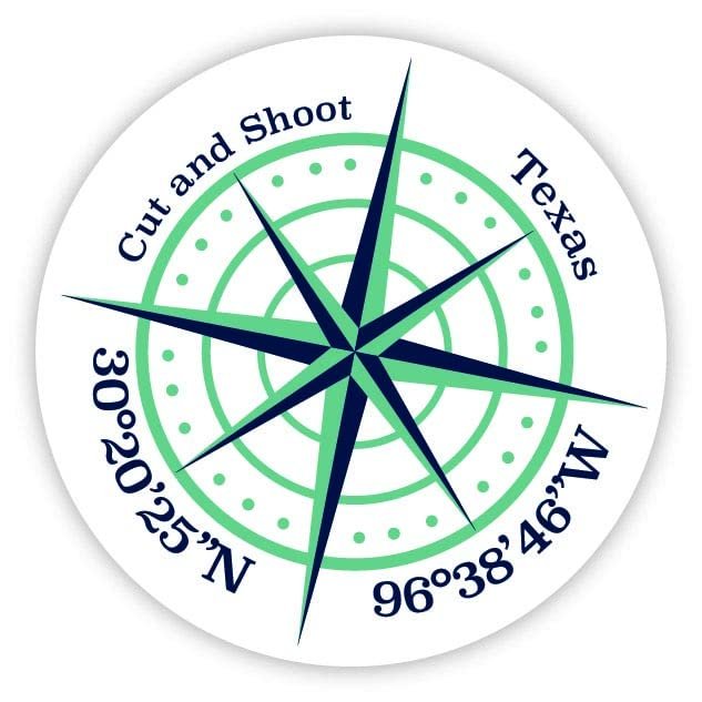 Cut and Shoot Texas 2-Inch Vinyl Decal Sticker Latitude Longitude Compass Design