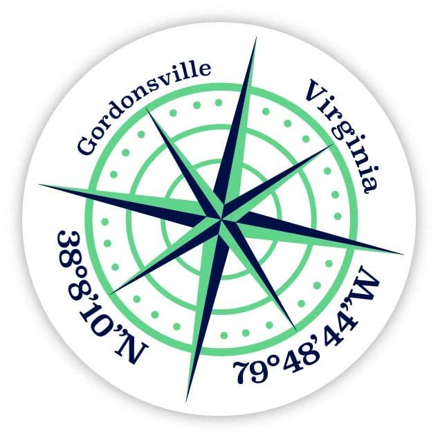 Gordonsville Virginia 2-Inch Vinyl Decal Sticker Latitude Longitude Compass Design