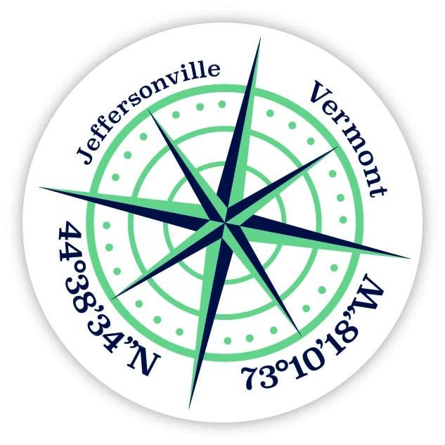 Jeffersonville Vermont 2-Inch Vinyl Decal Sticker Latitude Longitude Compass Design