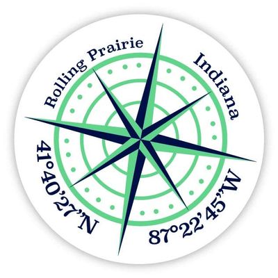 Rolling Prairie Indiana 2-Inch Vinyl Decal Sticker Latitude Longitude Compass Design