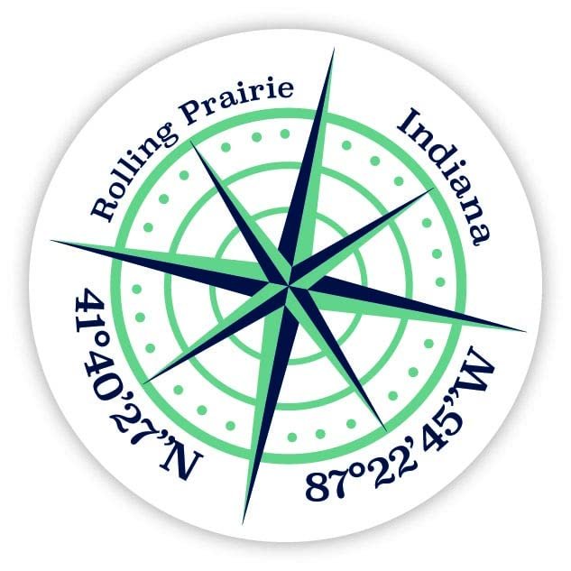 Rolling Prairie Indiana 2-Inch Vinyl Decal Sticker Latitude Longitude Compass Design