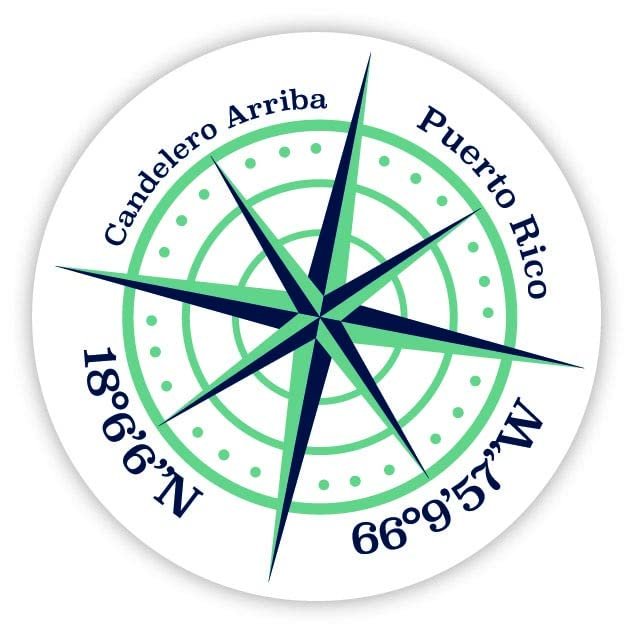 Candelero Arriba Puerto Rico 2-Inch Vinyl Decal Sticker Latitude Longitude Compass Design