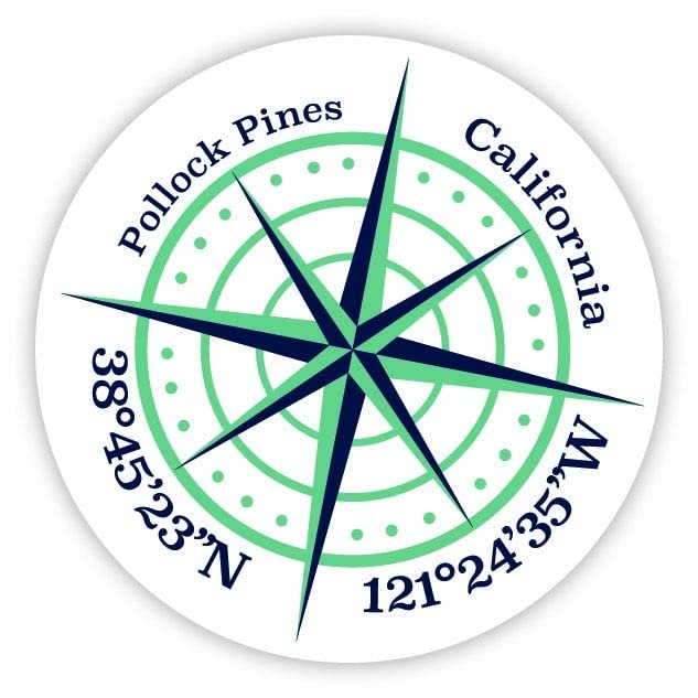 Pollock Pines California 2-Inch Vinyl Decal Sticker Latitude Longitude Compass Design