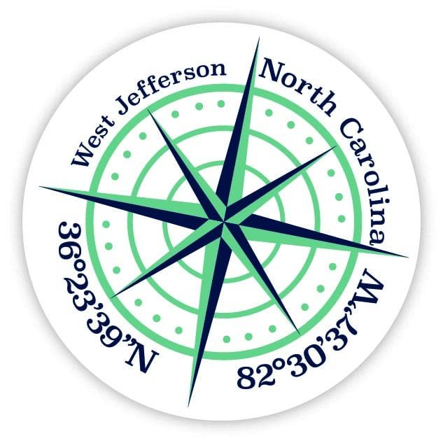 West Jefferson North Carolina 2-Inch Vinyl Decal Sticker Latitude Longitude Compass Design