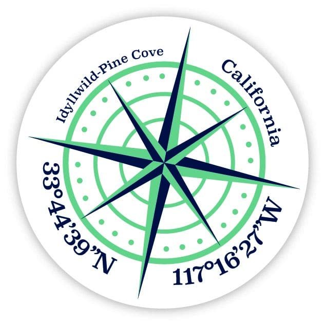 Idyllwild-Pine Cove California 2-Inch Vinyl Decal Sticker Latitude Longitude Compass Design