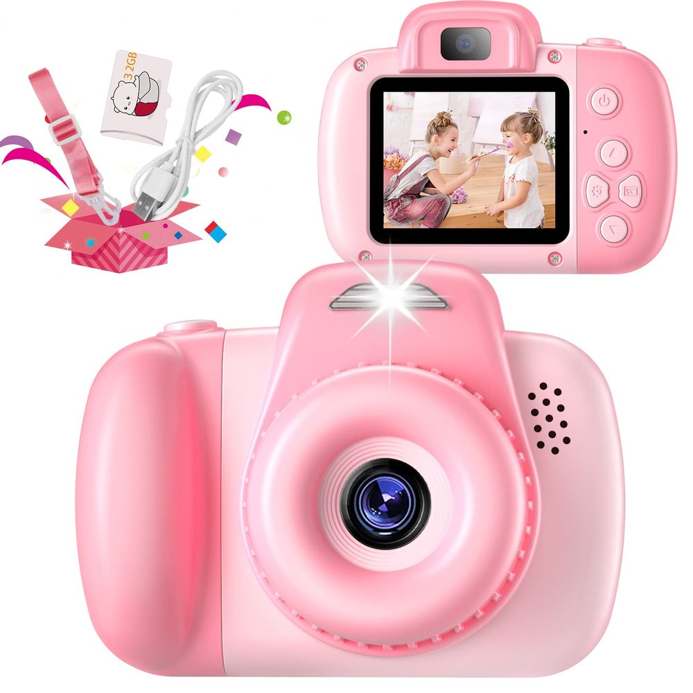 HAONIU 48MP Digital Dual Camera for Kids, 3-12 Years Old, with 2.0 Inch IPS Screen, 32GB SD Card, 1080P HD Video, Perfect for Toddler Birthday Gifts (Pink)