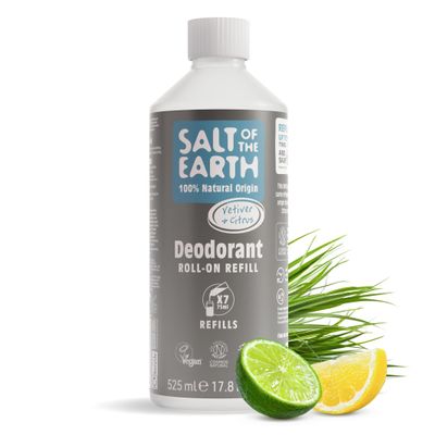 Natural Deodorant Roll On Refill by Salt of the Earth, Vetiver & Citrus - Vegan, Long Lasting Protection, Leaping Bunny Approved, Made in the UK - 525ml