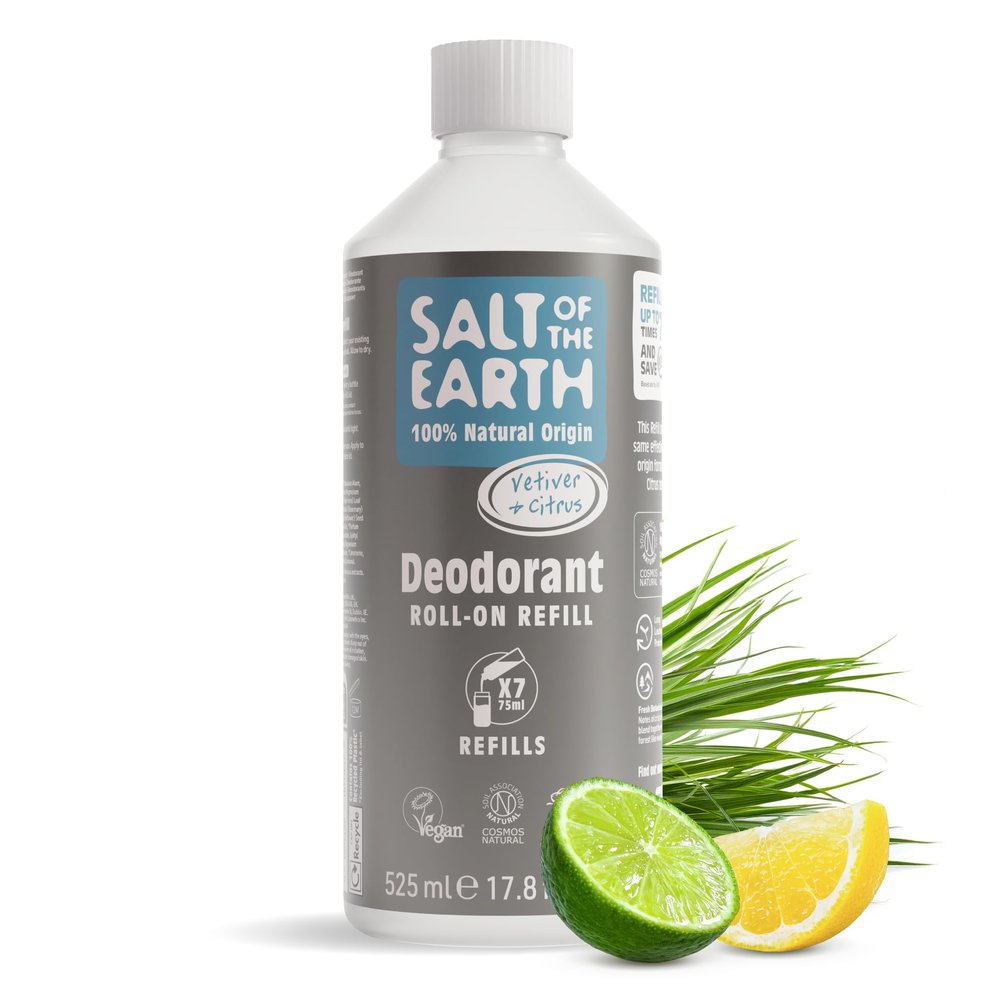 Natural Deodorant Roll On Refill by Salt of the Earth, Vetiver & Citrus - Vegan, Long Lasting Protection, Leaping Bunny Approved, Made in the UK - 525ml