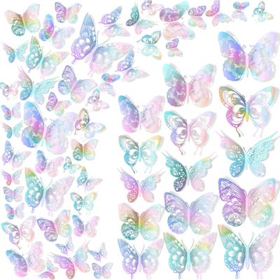 60 Pieces New Vintage Pattern Hollow Butterflys Wall Decals 3D Laser Butterflies Wall Sticker DIY Removable 5 Styles 3 Sizes Metallic Art Decor for Kids Girls Bedroom Living Room Birthday Cake Office Party Wedding Gift Nursery (laser)