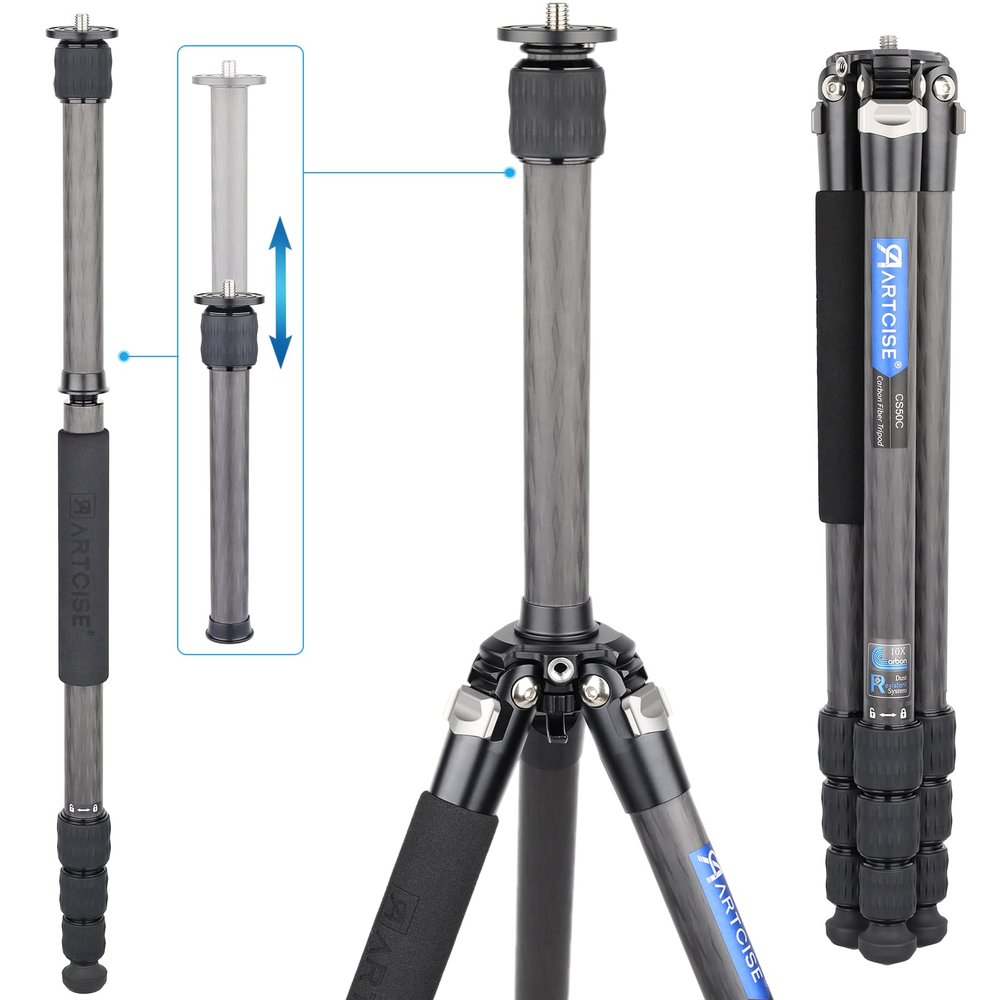Compact Carbon Fiber Tripod 10-Layer Carbon Travel Camera Stand Detachable Monopod Accessory Threaded Hole Design Video DSLR Tripod Load Up to 33.1lbs/15kgWithout Tripod Head