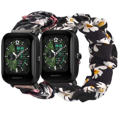 2 Packs Compatible with Amazfit GTS 2 Mini/GTS/GTS2/GTS 2e/GTS Bands for Women Girl, Scrunchies Cloth Soft Pattern Printed Wristband Straps for Amazfit Bip U Pro/Bip/Bip Lite/Bip S/Bip S lite/Bip U