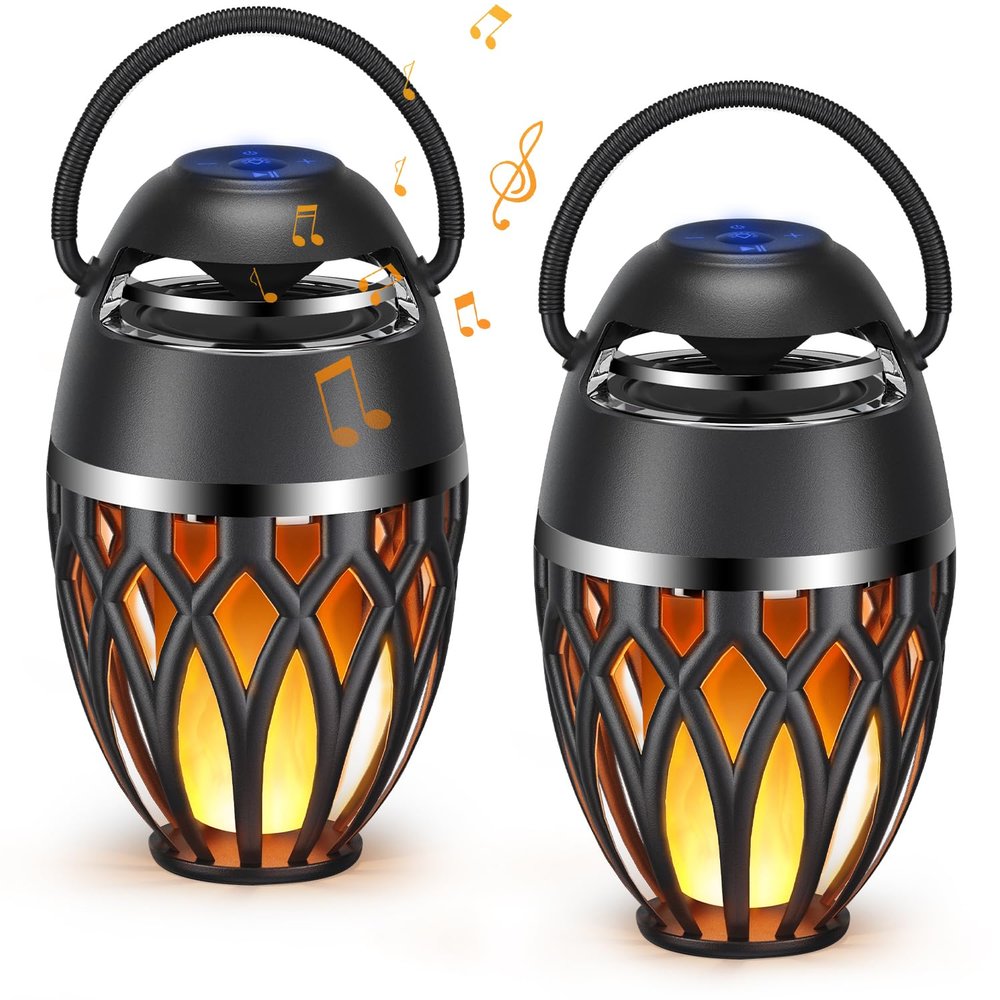 MOFOKEAY 2 Pack Outdoor Bluetooth Speakers,Wireless Speakers with LED Flame Flickers,IP5X Waterproof Torch Lights Lantern Speakers for Patio Yard Pool Party,Gifts for Men/Women