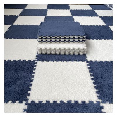 10Pcs Interlocking Carpet Tiles,Thick Plush Floor Mat,Soft Carpet Area Rug,Living Room Crawling Mat,Non-Slip Foam Puzzle Floor Tiles,12X12inch,Navy Blue + White