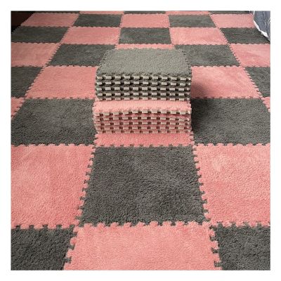 10Pcs Interlocking Carpet Tiles,Thick Plush Floor Mat,Soft Carpet Area Rug,Living Room Crawling Mat,Non-Slip Foam Puzzle Floor Tiles,12X12inch,Light red + Grey