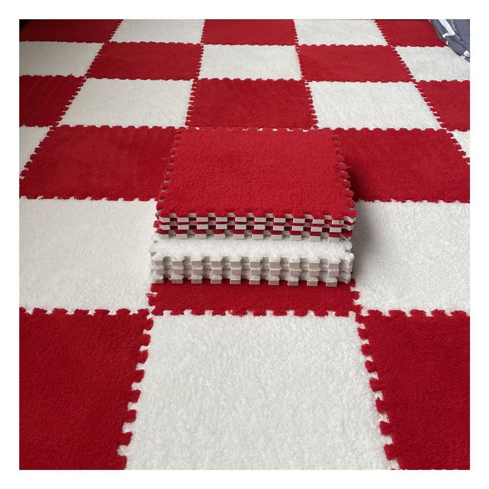 10Pcs Interlocking Carpet Tiles,Thick Plush Floor Mat,Soft Carpet Area Rug,Living Room Crawling Mat,Non-Slip Foam Puzzle Floor Tiles,12X12inch,Red + White