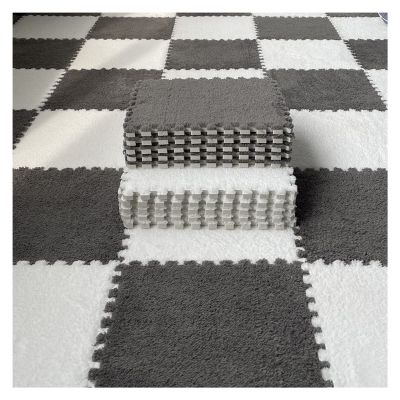 10Pcs Interlocking Carpet Tiles,Thick Plush Floor Mat,Soft Carpet Area Rug,Living Room Crawling Mat,Non-Slip Foam Puzzle Floor Tiles,12X12inch,Grey + White