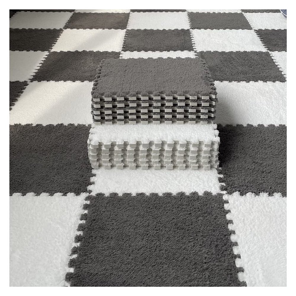 10Pcs Interlocking Carpet Tiles,Thick Plush Floor Mat,Soft Carpet Area Rug,Living Room Crawling Mat,Non-Slip Foam Puzzle Floor Tiles,12X12inch,Grey + White
