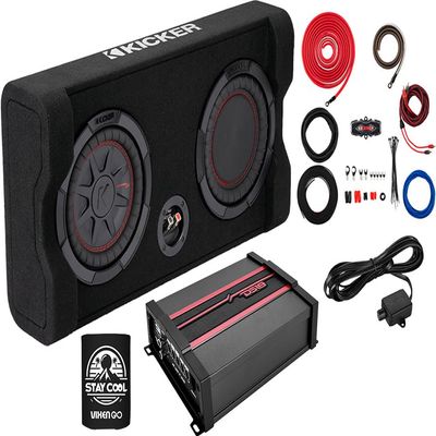 KICKER Subwoofer and Amp Package of 3 Items - 8" CompRT 600 Watt Down-Firing Loaded Sub Enclosure, DS18 Class D Monoblock Amplifier, and Complete 8AWG Wiring Kit