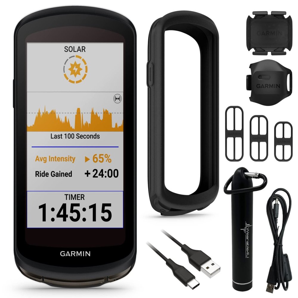 Wearable4U - Garmin Edge 1040 GPS Cycling Computer with Solar Charging Capabilities, On and Off-Road, with Case, Speed and Cadence Sensors and E-Bank Bundle