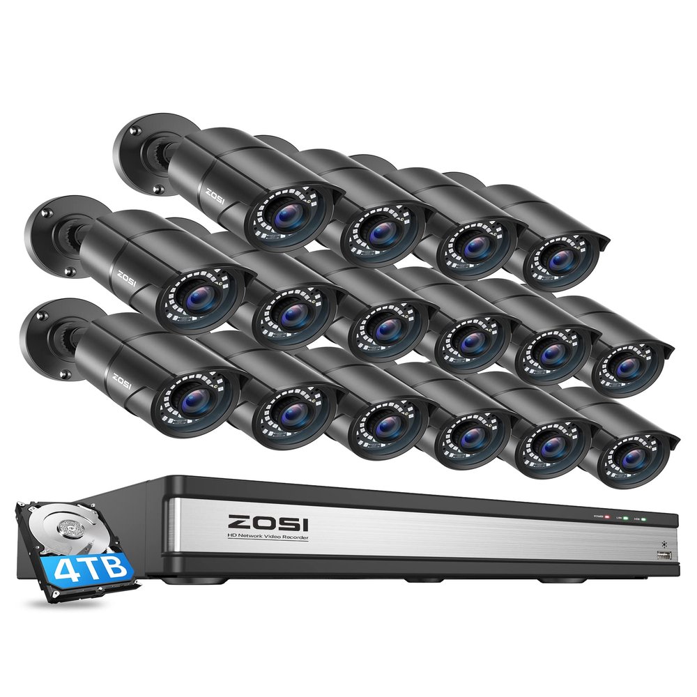 ZOSI H.265+ 4K 16CH PoE Security Camera System, 16 X Wired 5MP (3K) Bullet PoE IP Cameras Outdoor Indoor, 16CH NVR with 4TB HDD for 24/7 Recording, 120ft Night Vision, Motion Detection, Remote Access