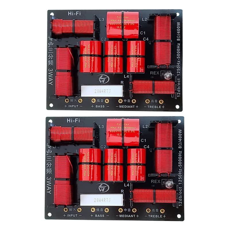 JINGERL 3 Way Speaker Crossover 400W Treble Midrange Bass 1250H/5000HZ HiFi Frequency Divider 12dB /oct 6dB /oct (Size : 2 Pieces)