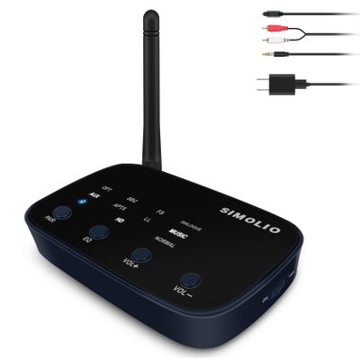 SIMOLIO Long Range HD Bluetooth Receiver for Home Stereo w/EQ & VOL Control, aptX Low Latency Bluetooth 5.0 Adapter Stereo Receiver for Music Streaming System with 3.5mm/RCA/Optical, JH-211