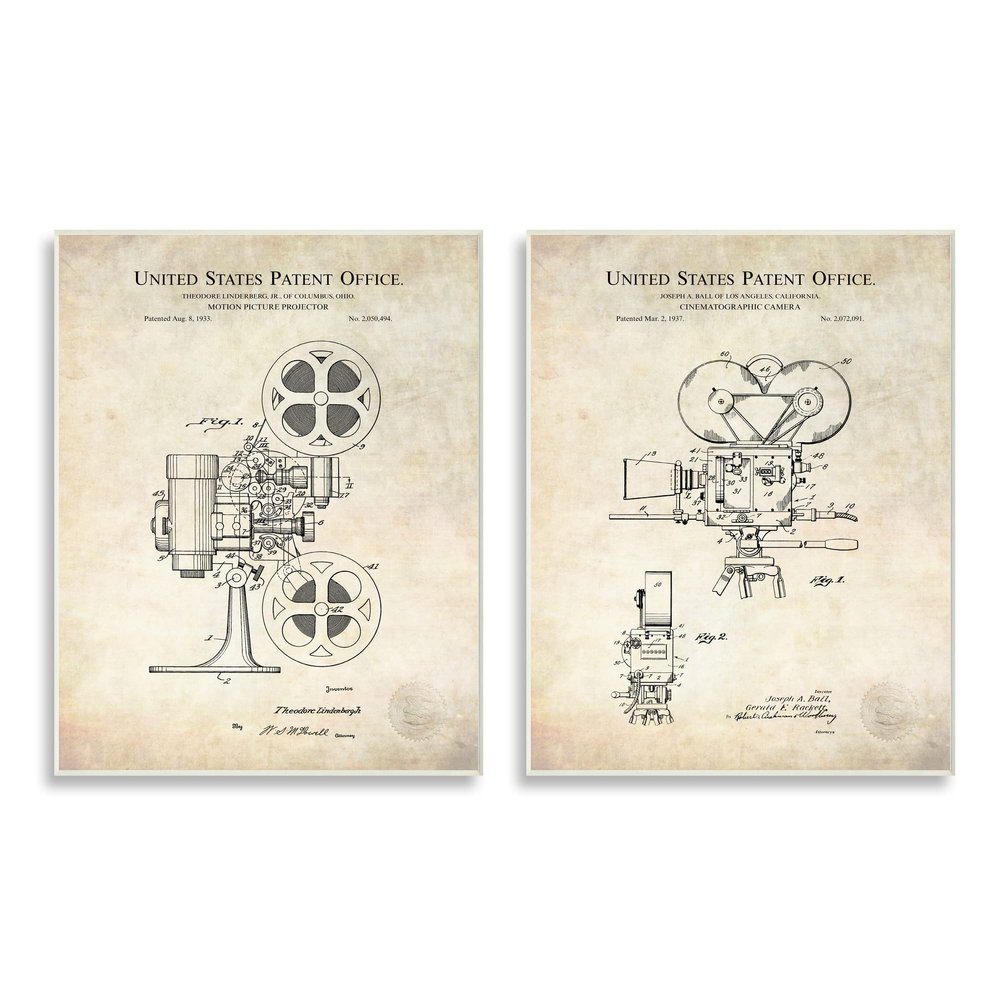 Stupell Industries Vintage Movie Camera Cinema Projector Patent Diagram, Design by Karl Hronek