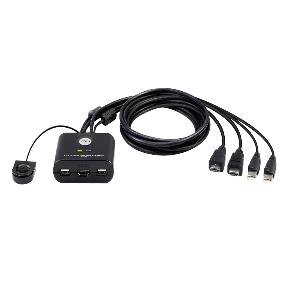 ATEN CS22HF 2-Port USB FHD HDMI KVM Switch Full HD 1080p, 2 Computers 1 Monitor, USB Peripherals, Easy Hook Design, Push-Button Remote, Plug-and-Play, Multi-Platform (Windows/Mac/Linux)