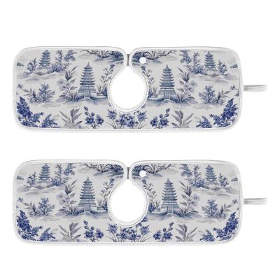 Kitchen Faucet Absorbent Mat, Ink Chinese Pagodas Trees Water Splash Guard for Sink, Faucet Drip Catcher Thicken Sponge Microfiber Faucet Water Catcher Mat Sink Absorbent Mat for Kitchen 23x5in 2Pack