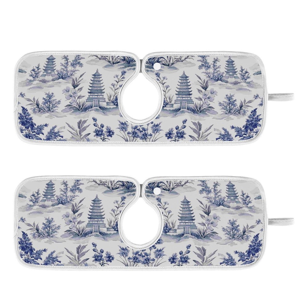 Kitchen Faucet Absorbent Mat, Ink Chinese Pagodas Trees Water Splash Guard for Sink, Faucet Drip Catcher Thicken Sponge Microfiber Faucet Water Catcher Mat Sink Absorbent Mat for Kitchen 23x5in 2Pack