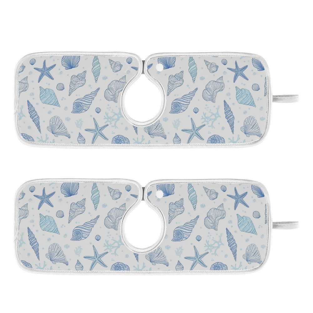 Kitchen Faucet Absorbent Mat, Seashells Starfish Water Splash Guard for Sink, Drip Catcher Thicken Sponge Microfiber Water Catcher Mat 30x5in 2 Pack