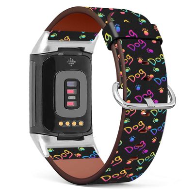 Compatible with Fitbit Charge 5, Patterned Leather Replacement Band (Neon Dog Paws Pattern-1)