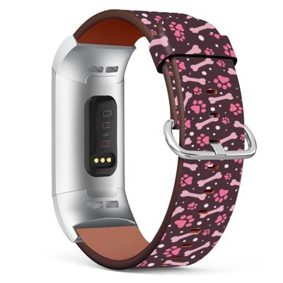 Compatible with Fitbit Charge 4 / Charge 3 / Charge 3 SE Patterned Leather Replacement Band (Pinky Dog Bones and Paws)
