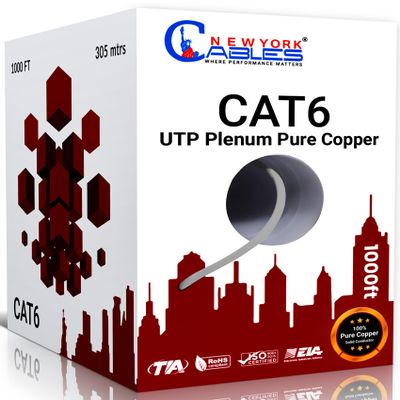 NewYork Cables CAT6 Plenum Cable 1000ft | 100% Solid Bare Copper, UTP, 550MHz, 23AWG, 4Pair 10GB Ethernet Cable, Certified CMP-Rated Bulk Cat 6 Cable for Networking & Gaming (1000ft, Pure Copper,Grey)