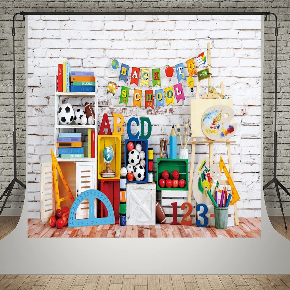 Kate 7x5ft Back to School Photography Backdrops White Brick Wall ABC Letters Numbers Decoration Photo Studio Background Football Classmate Students Photo Backdrop