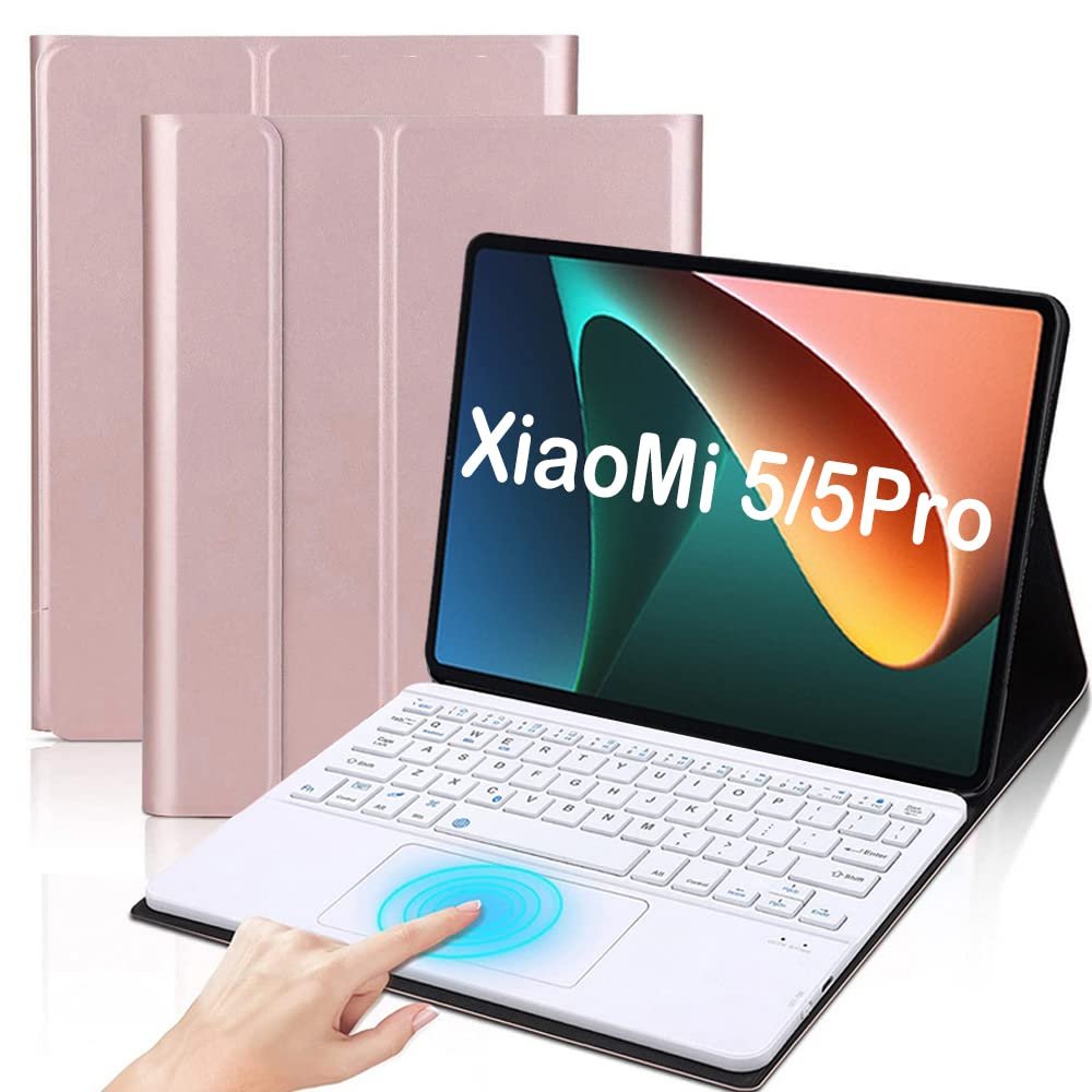 QYiiD TouchPad Keyboard Case for Xiaomi Mi Pad 5 Pro 11 Inch, Leather Stand Case Cover with Magnetically Detachable Wireless Keyboard for Xiaomi Mi Pad 5/5 Pro, Rosegold