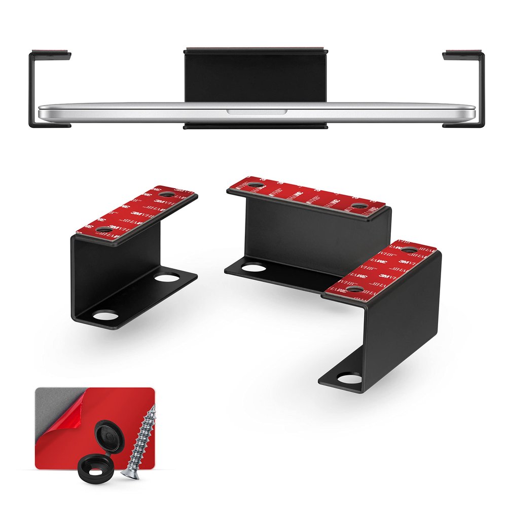 BRAINWAVZ Under Desk Laptop Holder Mount for Desk, Adhesive & Screw in, Devices Upto 1.5" Thick Like Macbooks, Surface, Keyboard, Routers, Modems, Cable Box, Network Switch & More (Metal Black)