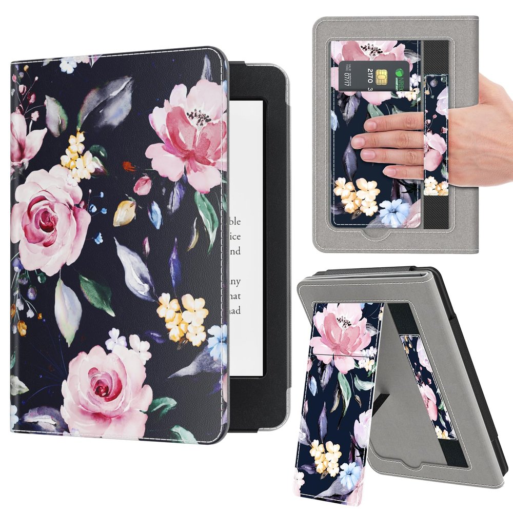VORI Stand Case for 7"/6.8" Kindle Paperwhite (12th/11th Generation-2024/2021) and Kindle Colorsoft Signature Edition, PU Leather Case Smart Protective Cover with Auto-Wake/Sleep, Floral Rose