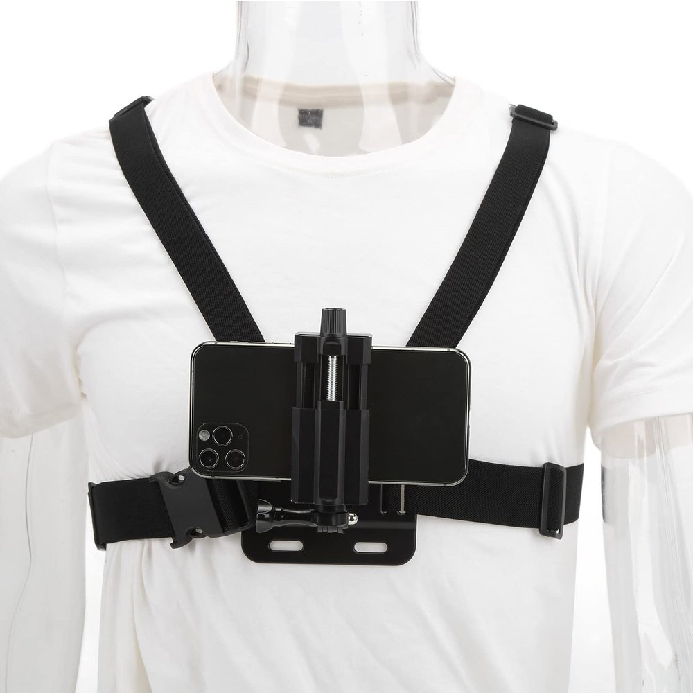 Mobile Phone Chest Mount Harness Strap Holder Cellphone Chest Strap Harness Mount with Detachable Stand, Stretchable and Immersive, Chest Strap Harness Mount for Smartphones and Action Camera