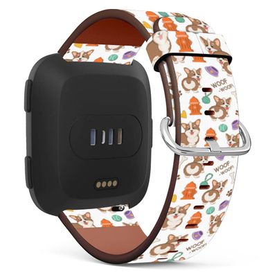 Compatible with Fitbit Versa 2 / Versa / Versa Lite / Versa SE Patterned Leather Replacement Band (Puppy Welch Corgi and Hydrant)