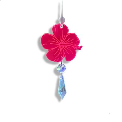 Hibiscus Hawaiian Flower Car Charm, Pink Crystal Suncatcher, Rearview Mirror Car Accessories, Cute Boho Interior Decor, New Car Gift For Her (Red, Clear)