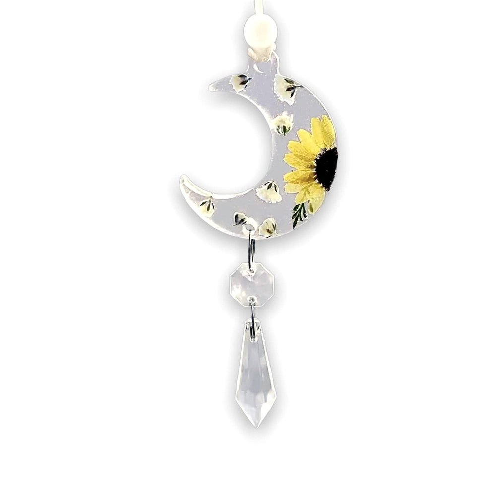 Floral Crescent Moon Car Charm, Sunflower Crystal Suncatcher, Auto Rear View Mirror Accessories, BOHO Minimalist Dainty Decor, New Car Gift (Flower - Purple, Crystal - Clear)