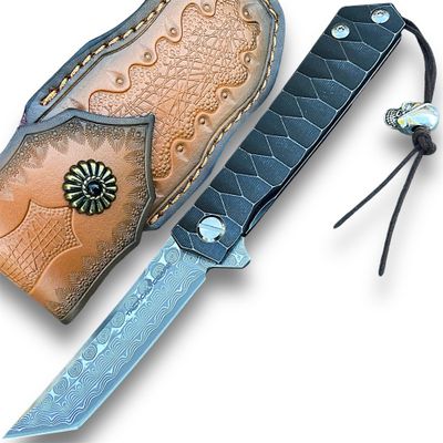 TACTICAL GEARZ Damascus Pocket Folding Knife, Solid Titanium Handle, 67 Multi Layers Damascus VG10 Steel Tanto Blade (Saint DXT Beast Bundle)