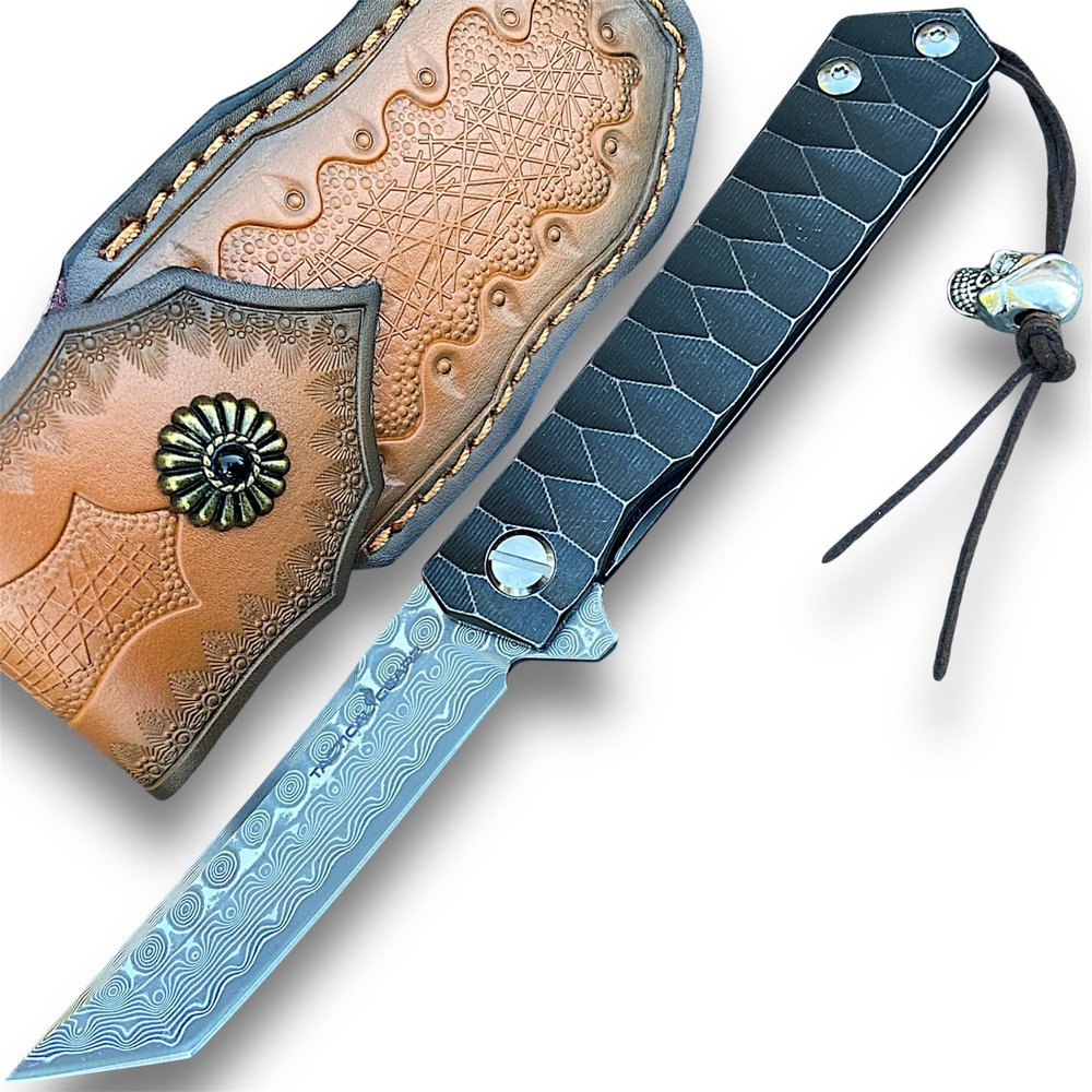 TACTICAL GEARZ Damascus Pocket Folding Knife, Solid Titanium Handle, 67 Multi Layers Damascus VG10 Steel Tanto Blade (Saint DXT Beast Bundle)