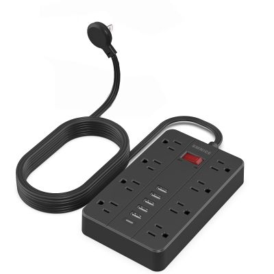10 Ft Extension Cord Surge Protector, SMNICE 8 Widely Spaced Outlets and 6 USB (1 USB C) Charging Ports Flat Plug Power Strip, Desktop Power Cord for Travel Home Office Accessories Black