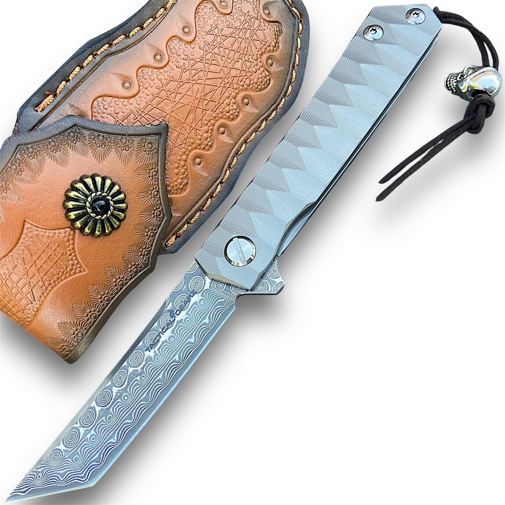 Damascus Pocket Folding Knife, Solid Titanium Handle, 67 Multi Layers Damascus VG10 Steel Tanto Blade (Silver XT Beast Bundle)